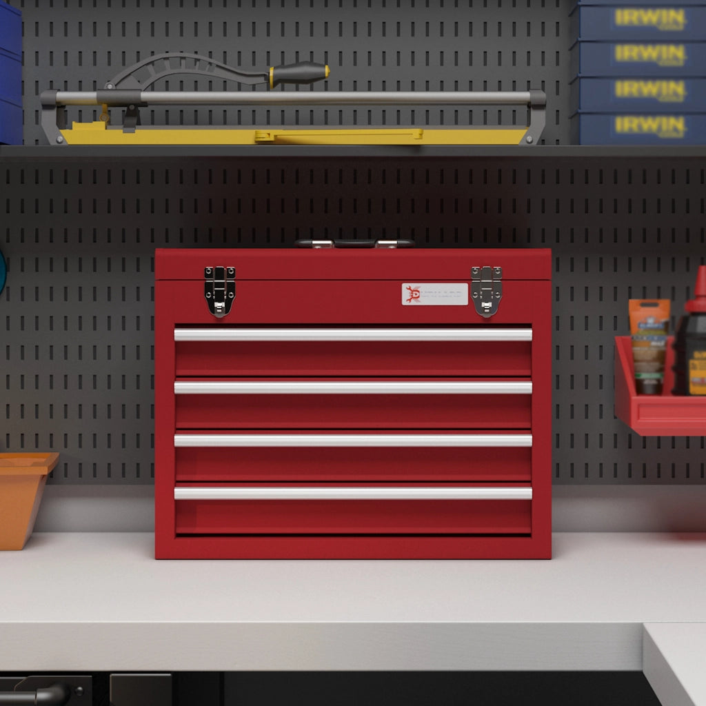 Cassettiera portautensili con 4 cassetti, vano superiore chiudibile, struttura in acciaio rosso, 51 x 22 x 39,5 cm