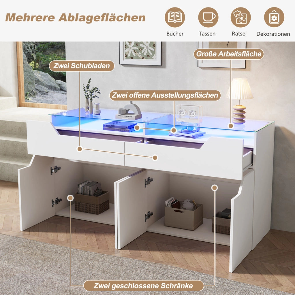 Credenza bianca 140x40x70 cm in MDF con piano in vetro e LED