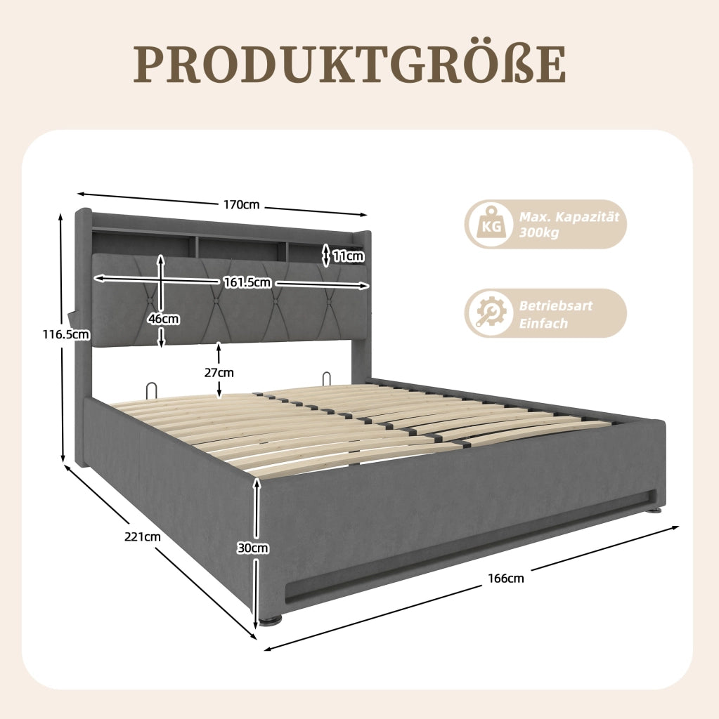 Letto imbottito 160x200 cm con LED e contenitore; testiera portaoggetti in velluto grigio scuro