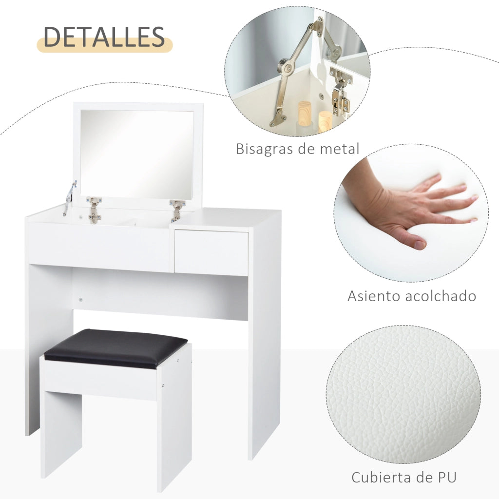 Cassettiera da trucco con specchio e sgabello ¨C zephmum ¨C bianco 80x40x79 cm