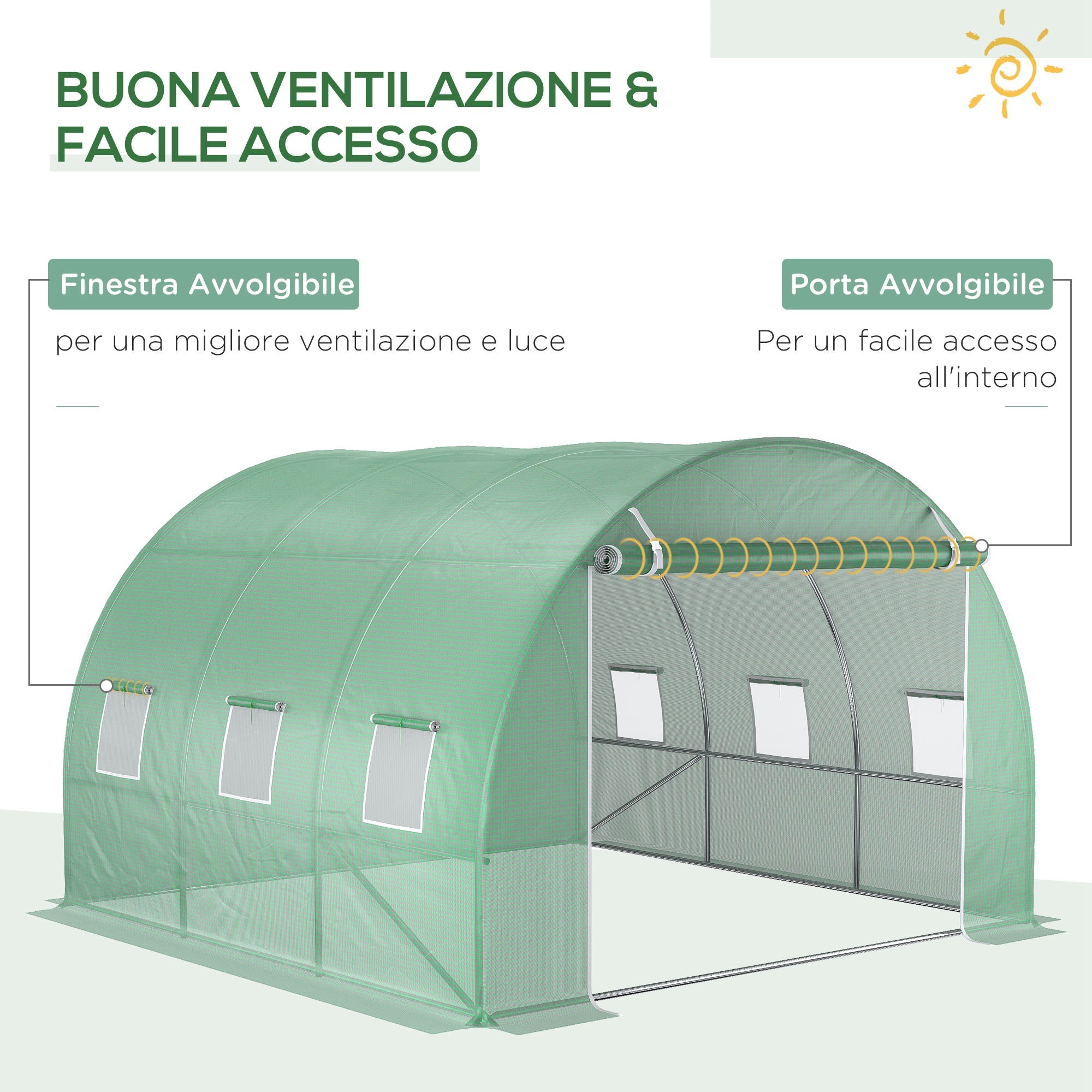 Telo per Serra 3x3x2 m con 6 Finestre Porta Avvolgibile e Bordi Interrati in PE Verde