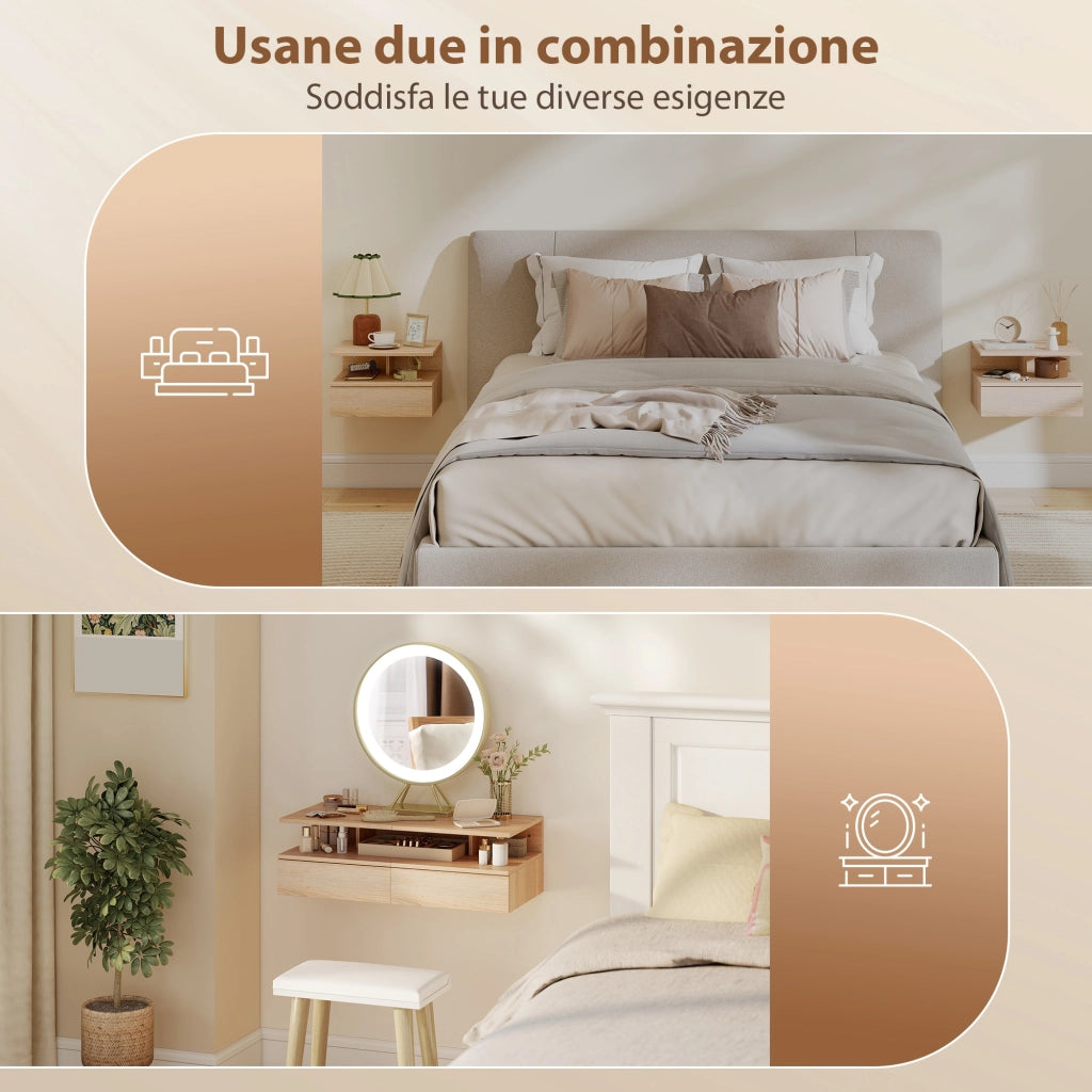 Set di 2 Comodini Sospesi 35x32x22,5 cm con Cassetto e Mensola Aperta in Legno Rovere