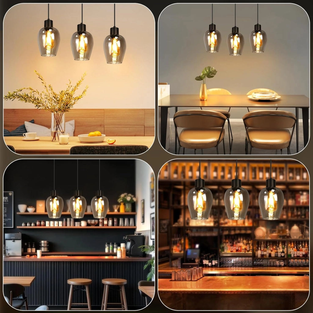ZMH Lampada a Sospensione 3 Luci Vintage Retro Vetro Fum¨¦ E27 per Sala da Pranzo Cucina Hotel Soggiorno Senza Lampadina