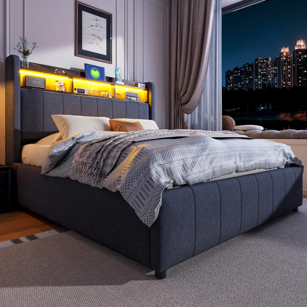 Letto imbottito 140x200 cm grigio con LED, USB e contenitore