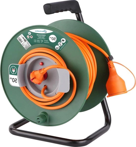 Cavo di estensione 50M per giardino con 16A-fusibile - 15mm² - sezione arancione-verde - tipo C/EF - 2 pinne (EU)