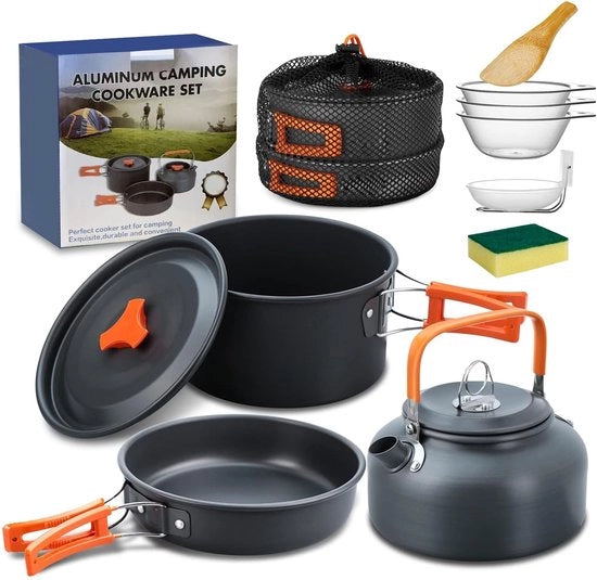 Impianto da campeggio da 10 pezzi, per 2-4 persone, contenitore da cucina e teiera, per escursioni, picnic, BBQ