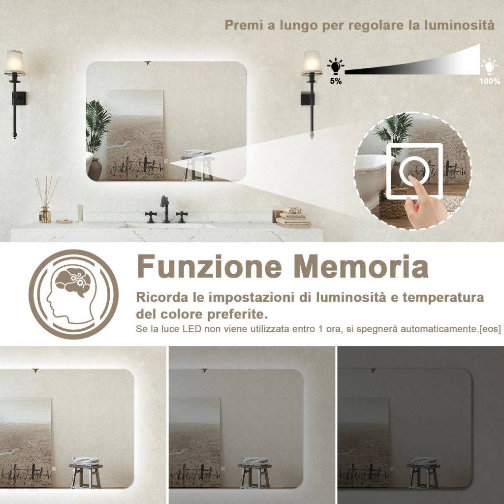 Specchio bagno Rettangolare 80x60cm Retroilluminato Con Led, 3 Luci, Design Moderno