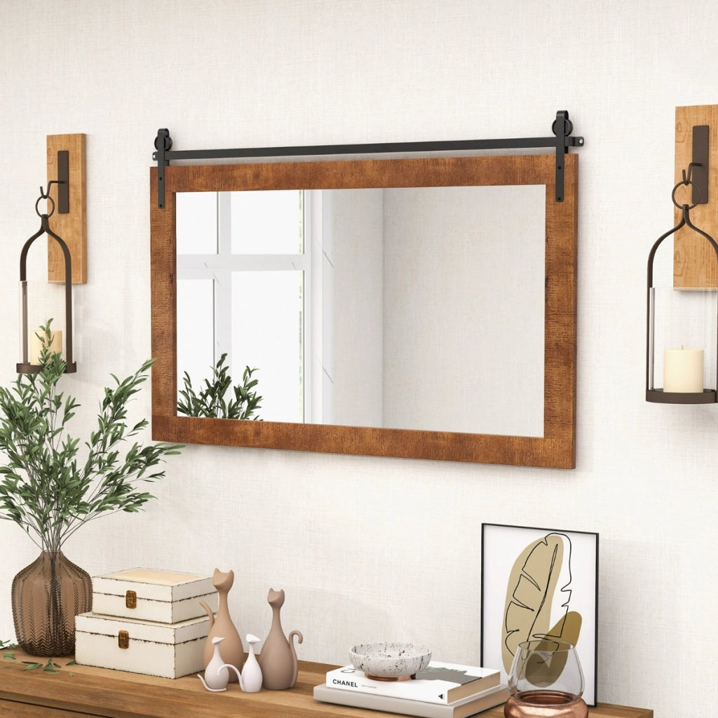 Specchio da parete con cornice in legno massiccio e staffa in metallo, Decorazione da parete in stile rustico Marrone-Specchi da parete