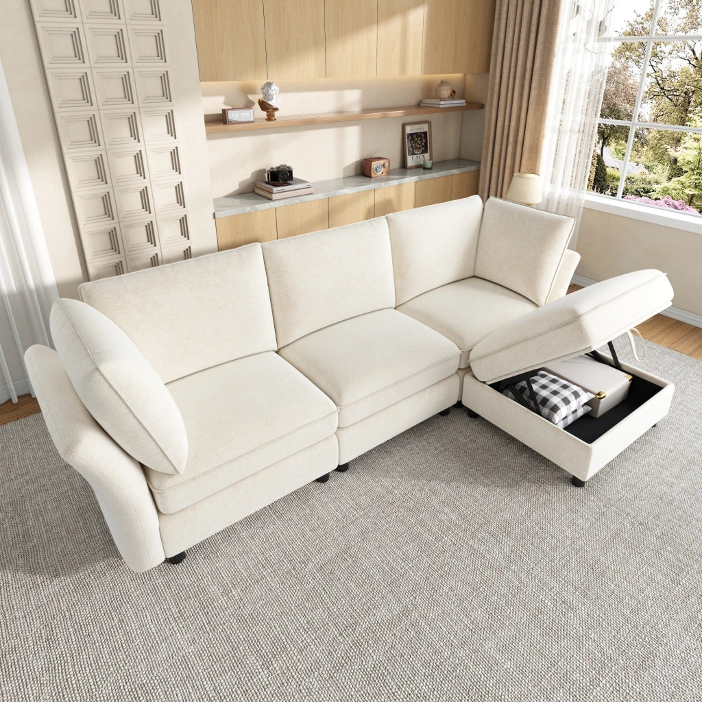 DIVANO Modulare a L 225x137x84 cm Chenille Beige con pouf