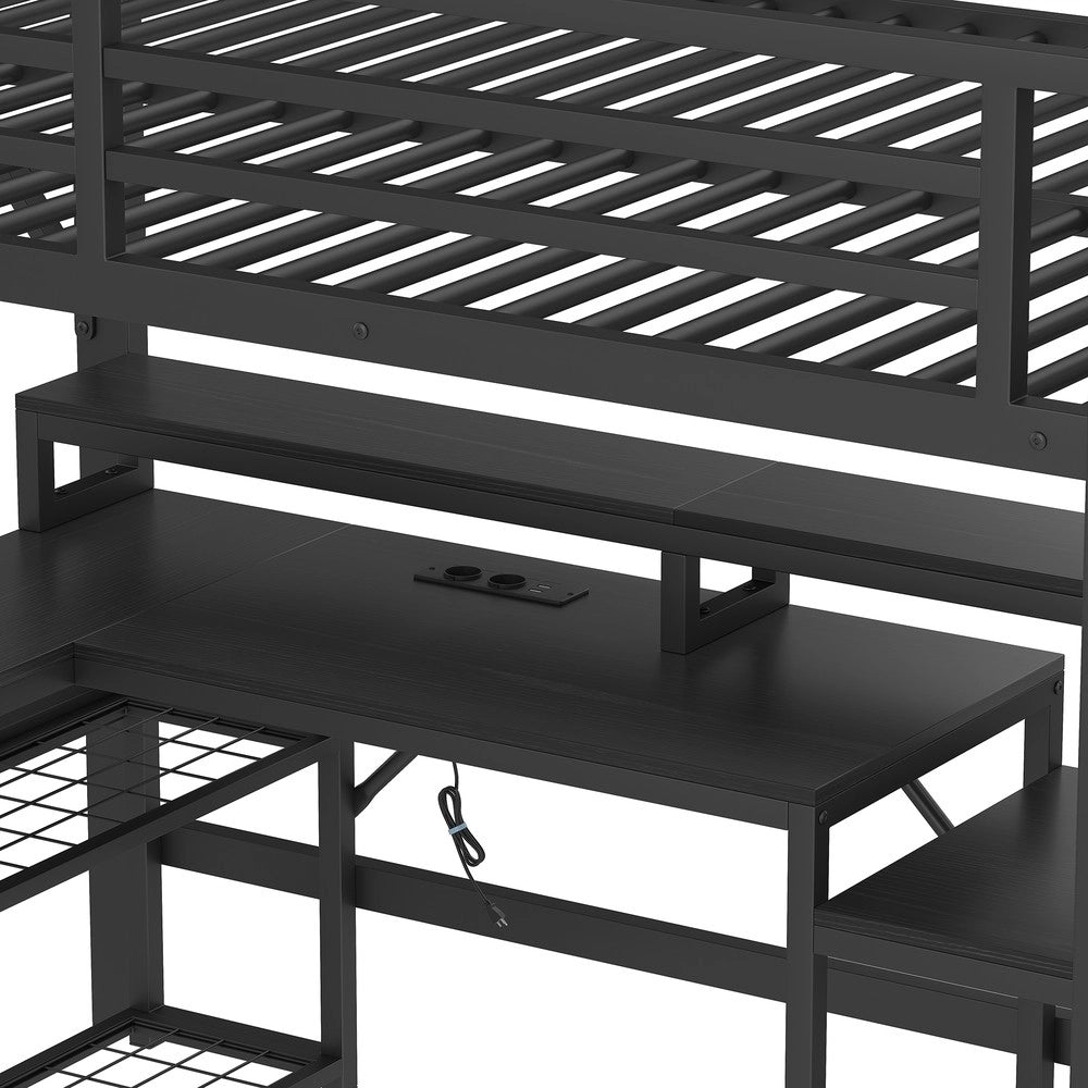 Letto a Soppalco con Scrivania e LED ¨C Xylo ¨C Nero, Metallo, 140x200