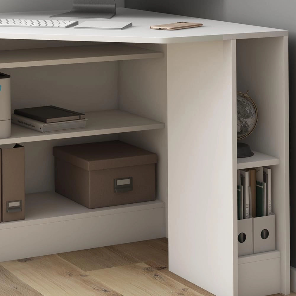 Scrivania angolare Alvaro, Bianco, 94 x 94 cm, con ripiani aperti per un utilizzo flessibile nell'area di lavoro