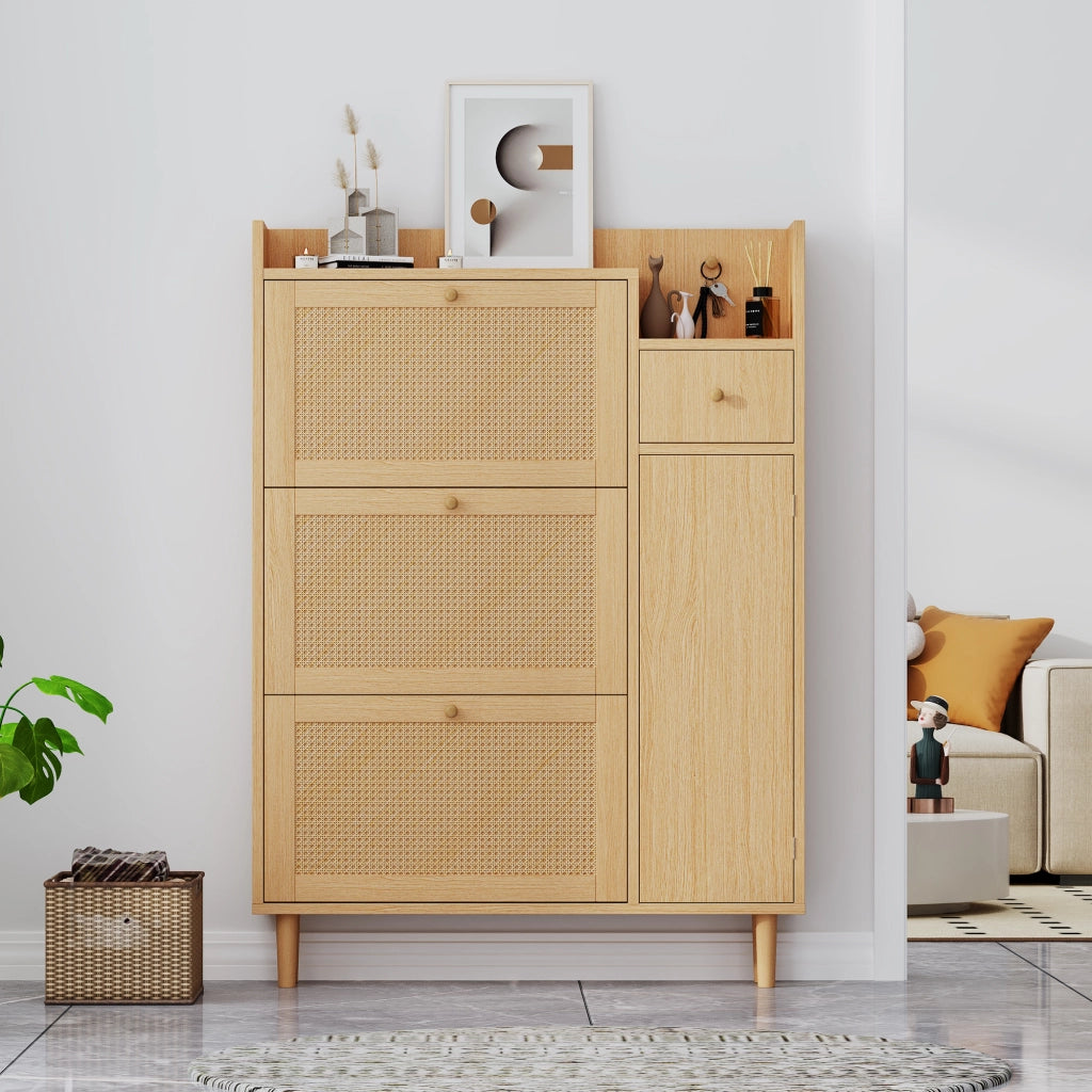Scarpiera con 3 Ante a Ribalta e 1 Cassetto; con Gambe in Legno Massello; in MDF; 90×17×125 cm; Naturale