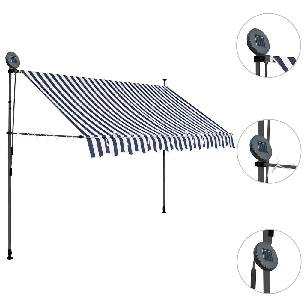 Tenda da Sole Retrattile Manuale con LED-Tenda parasole per Patio 300 cm Blu e Bianca