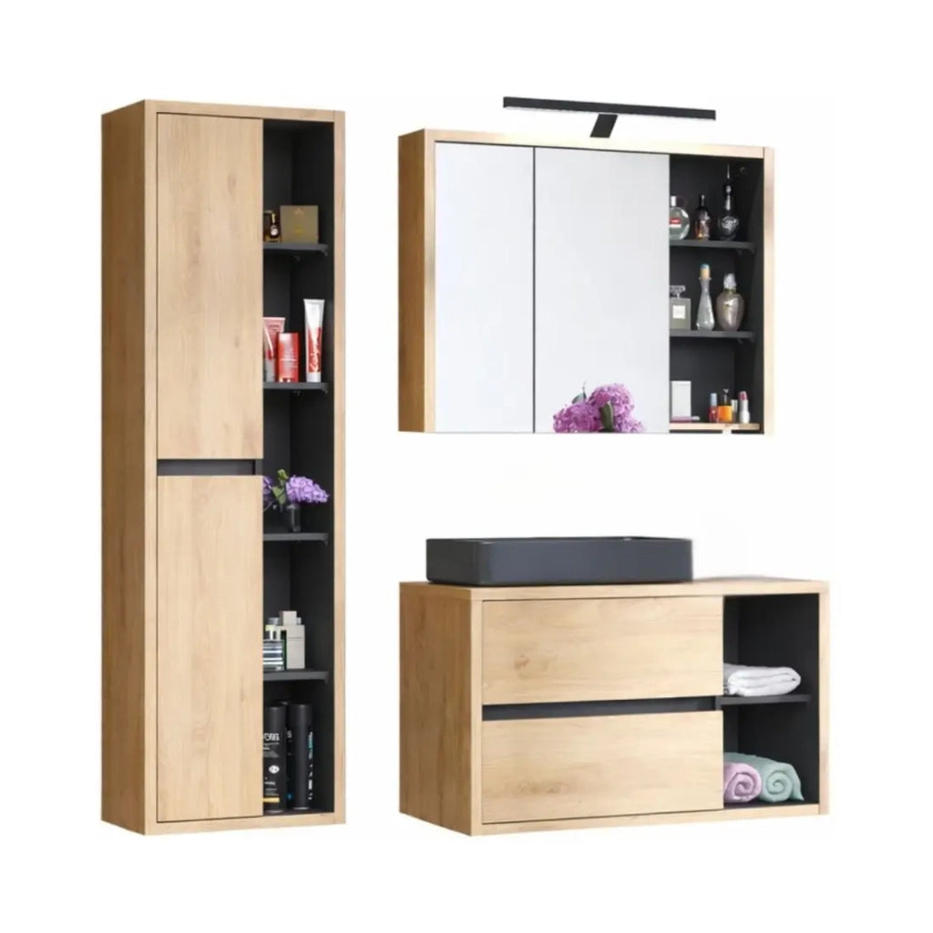 Insieme MATT: mobile sotto lavabo 100cm + lavabo da appoggio nero + colonna contenitore + armadietti con specchi + LED