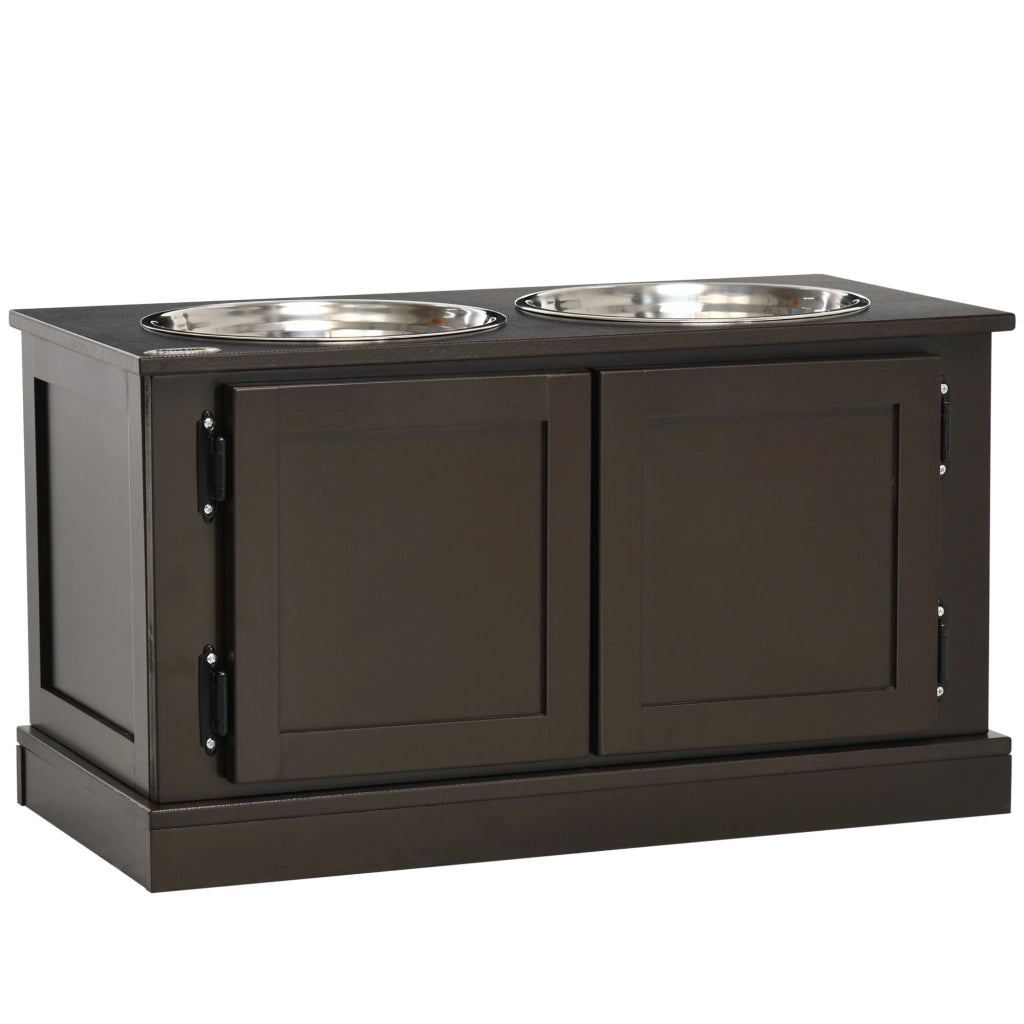 Mangiatoia rialzata per cani con contenitore e 2 ciotole estraibili in MDF color caffè 60 × 30 × 34 cm
