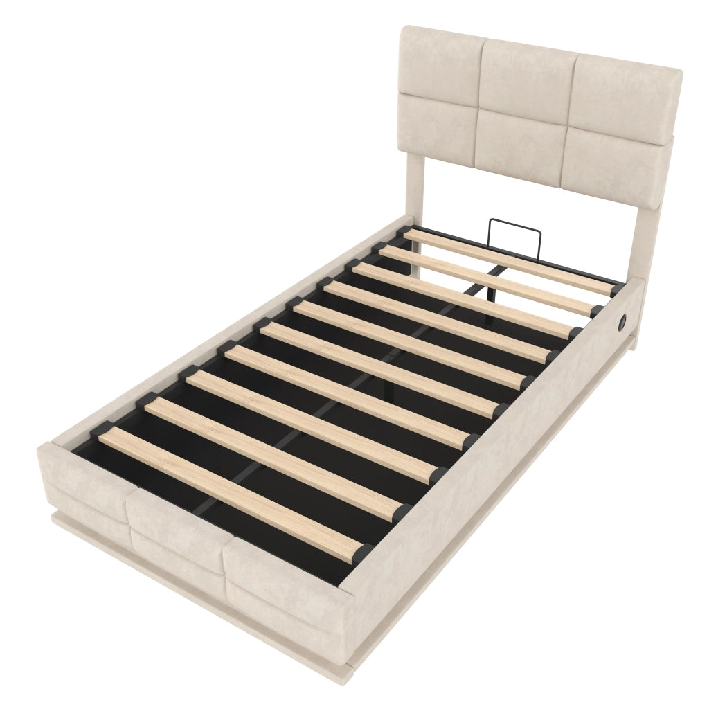 Letto imbottito moderno 90x200 cm in velluto beige con LED, USB e contenitore - senza materasso