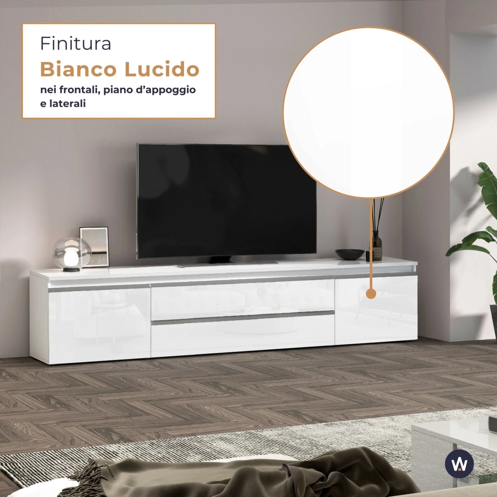 WHOUS Mobile porta tv Magic 2 ante e 2 cassetti centrali bianco lucido 240x40x55 cm