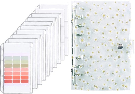 Organizzatore di denaro trasparente con pailletten - 8 raccordi per buste - materiale PVC - 21 etichette - compatto 19,3x13cm