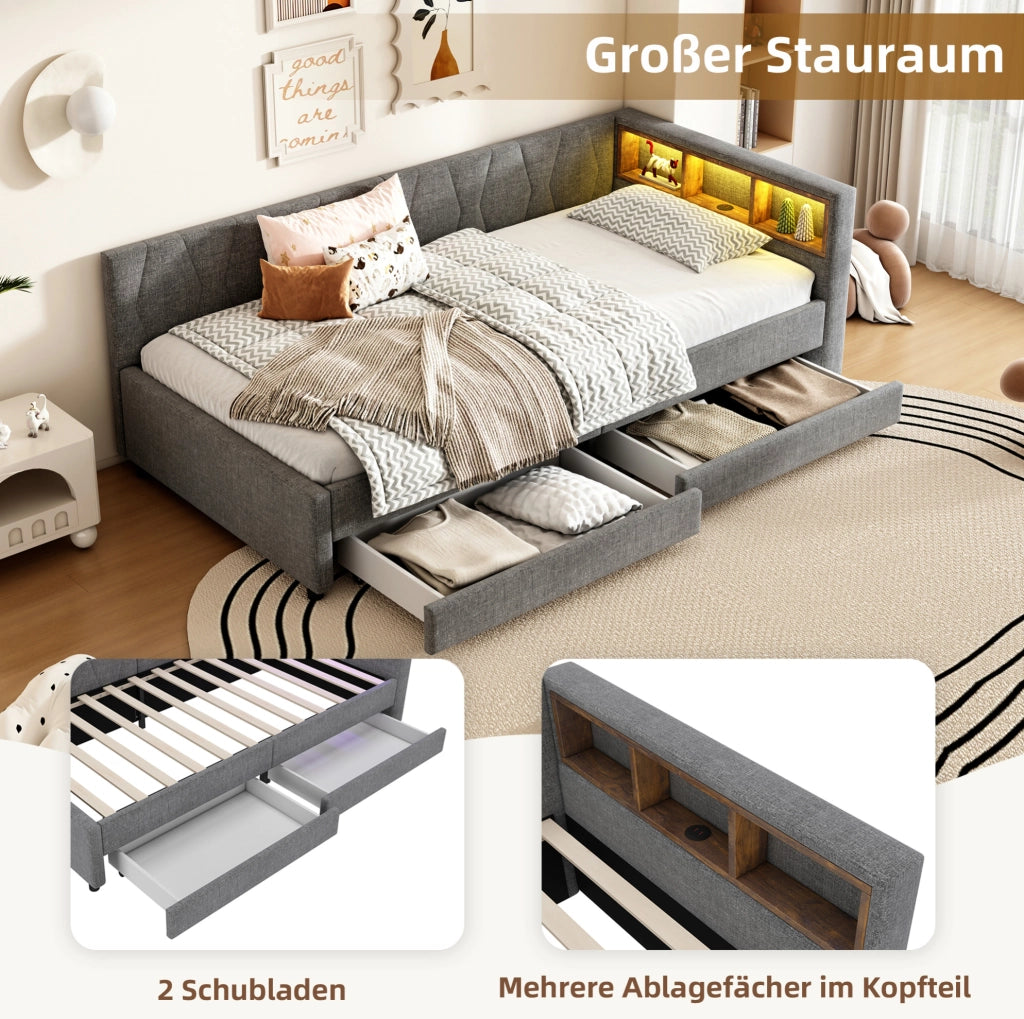 Divano letto 90x200 cm con LED, USB e cassetti