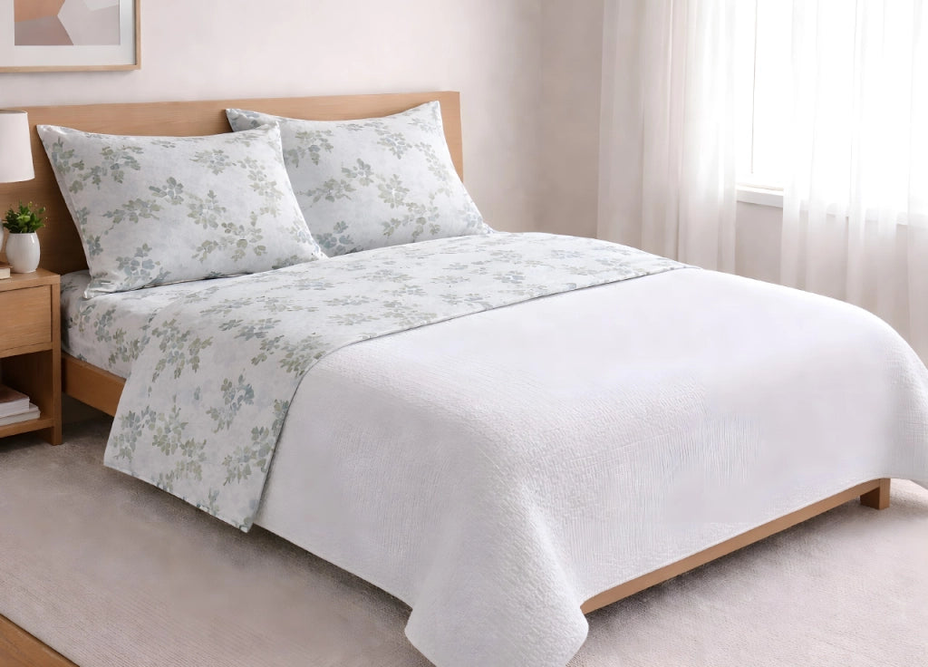 Completo Lenzuola Letto In 100% Cotone Made Italy Disegno Petalo - Maxi - Verde