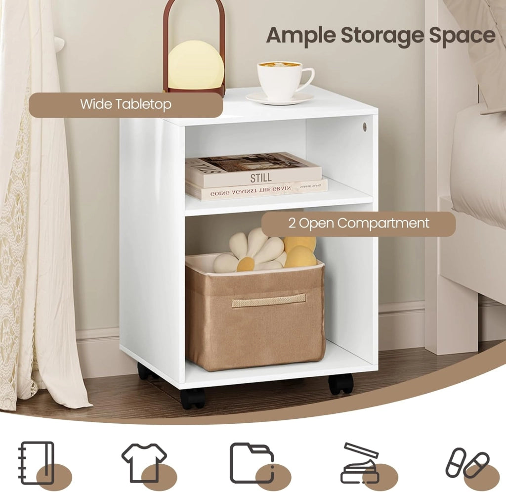 Set di 2 Comodino Tavolino con Ruote, Mobile Porta Stampante con 2 Scomparti Aperti, Comodino Bianco per Camera da Letto, Salotto, Ufficio, in Legno, 40x35x55cm, 0008CTG-2