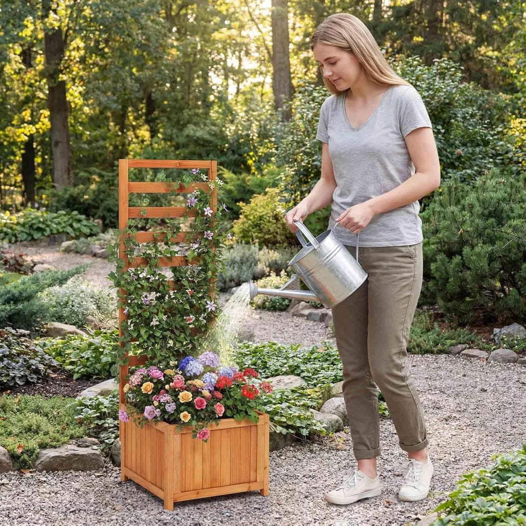 Letto da Giardino Rialzato in Legno con Traliccio, Fioriera Elevata con Fori di Drenaggio & Spazi per Piante Rampicanti, Viti, Fiori, Verdure, Fioriera per Interni ed Esterni (Arancione)