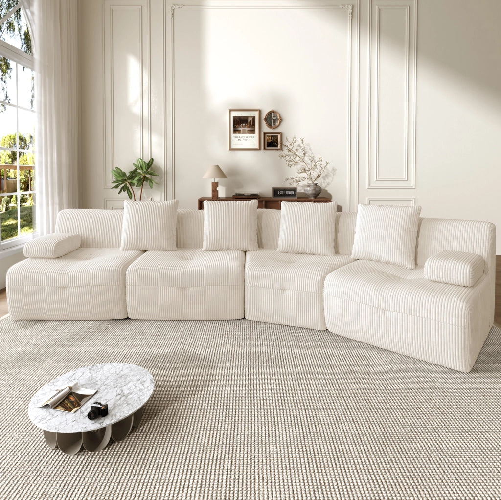 Divano modulare 4 posti in velluto a coste beige chiaro, 4 moduli componibili