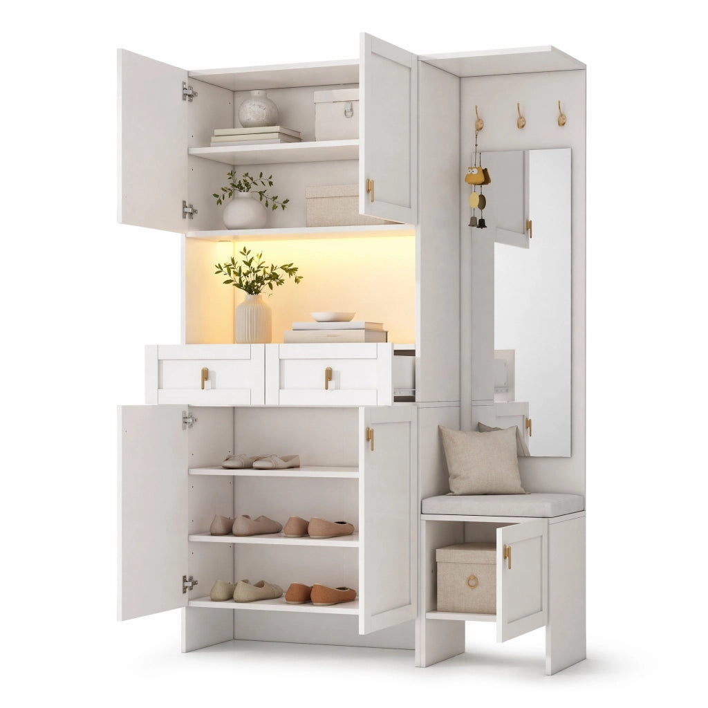 Set mobile ingresso con panca, scarpiera, appendiabiti e specchio bianco 120x33,5x180 cm con LED
