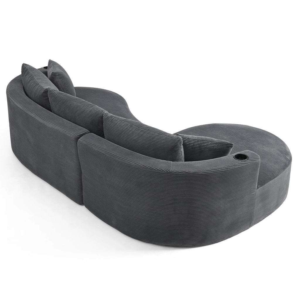 Divano a 3 posti dal design curvo in tessuto corduroy grigio; con portabicchieri e cuscini