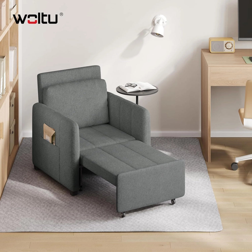 3-in-1 Divano Letto, Poltrona Letto Trasformabile con Reclinazione a 5 Posizioni, Divano Singolo Pieghevole per Piccoli Spazi, Chaise Lounge, Tessuto in Spugna Traspirante, Grigio Scuro