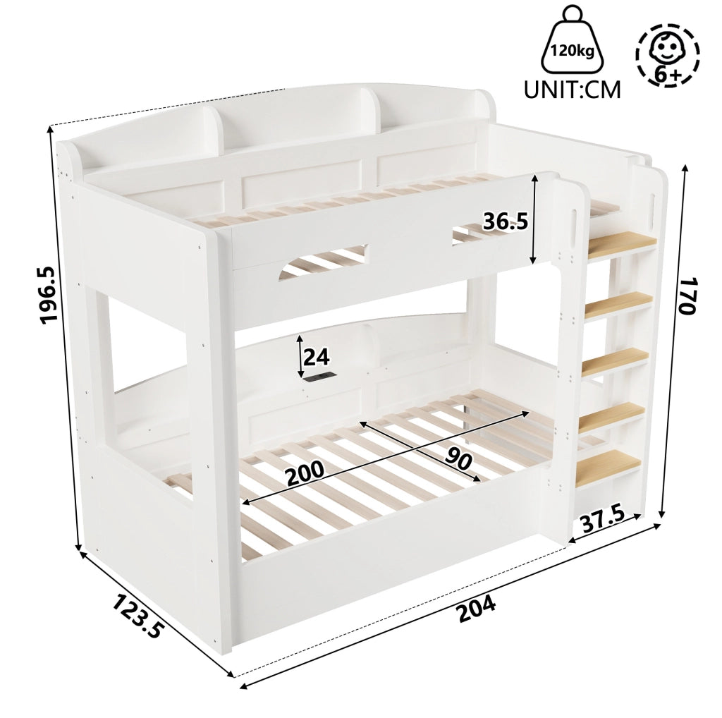 Letto a castello 90x200 cm con USB e ripiani