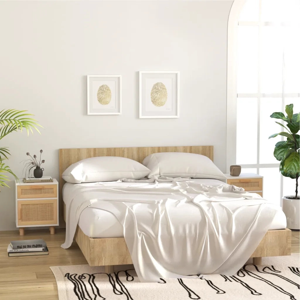 Comodino | Armadio da Notte | Mobiletto da notte Bianco in Legno Massello di Pino e Rattan Naturale