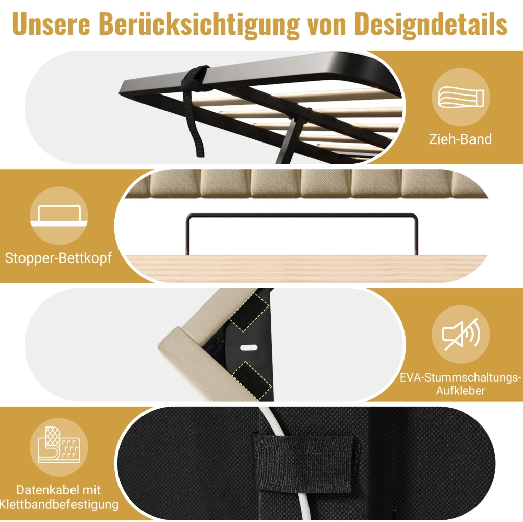 Letto singolo 90x200 beige con LED, USB-C e materasso