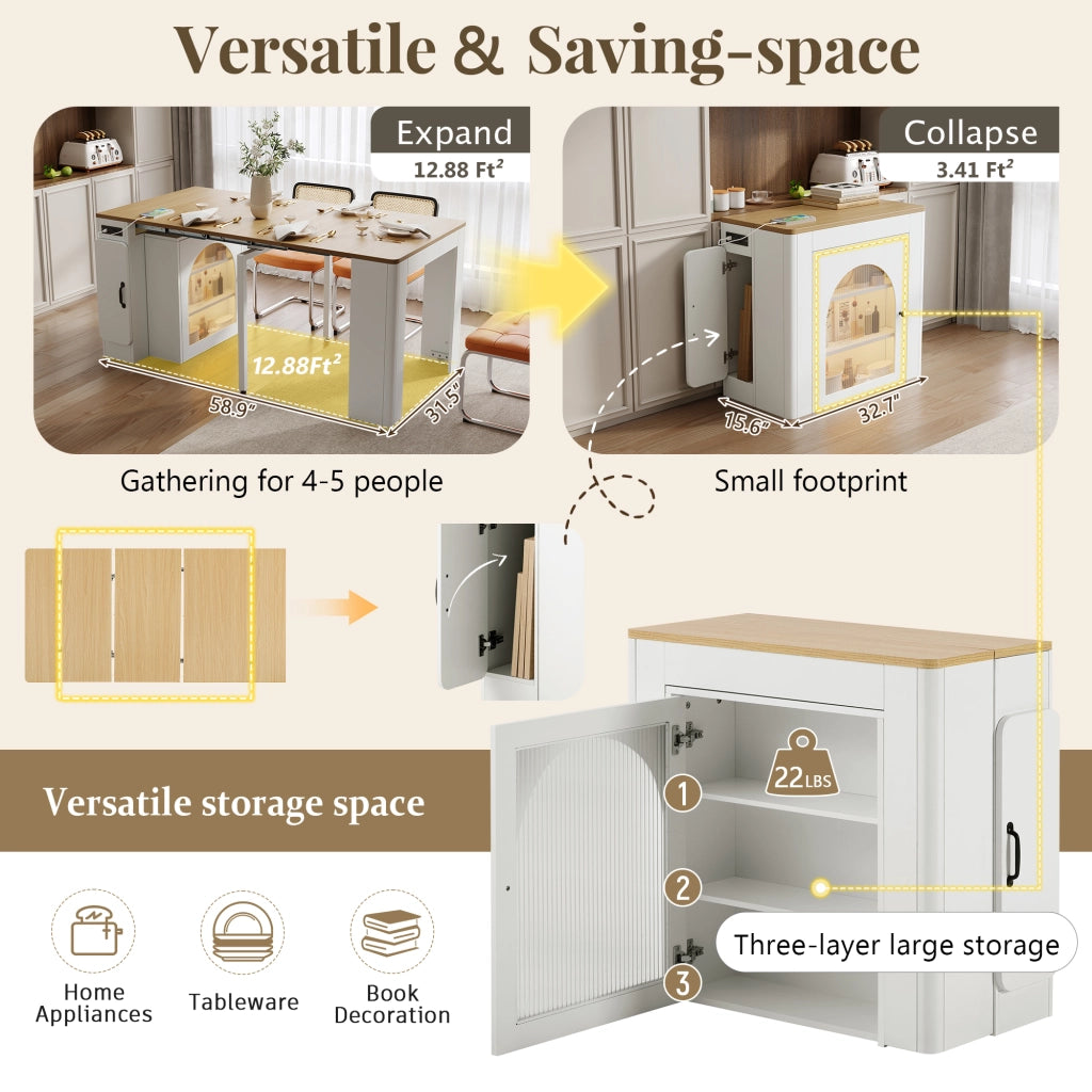 Carrello da Cucina con Tavolo Estensibile; 3 Piani; Vani; Ruote; LED e Prese; in MDF e Vetro; Bianco Naturale