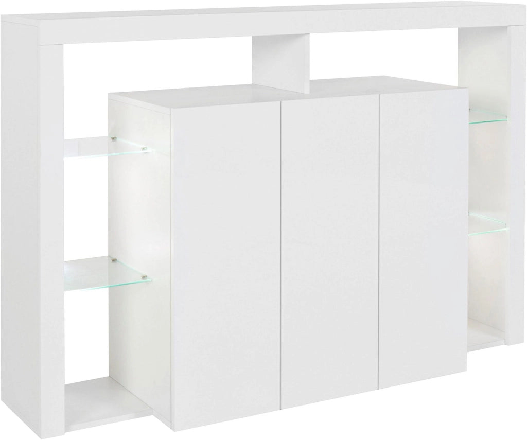 Credenza con 3 Ante e Ripiani in Vetro a Giorno 150x40x100 cm Essential 3A Bianco Lucido