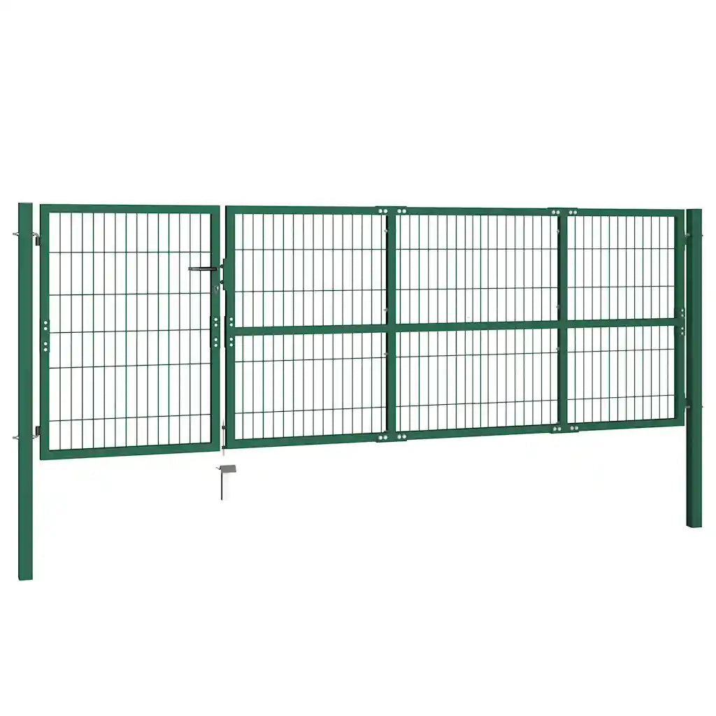 Cancello per Recinzione da Giardino con Pali 350x100 cm in Acciaio Verde 142569
