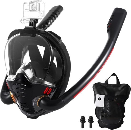 Maschera da Snorkeling per Adulti - Visore con Doppie Tubazioni per la Respirazione | Vista Panoramica di 180° | Anti-Condens e Anti-Perdita | Inclusa Supporto per Macchina Fotografica Removibile