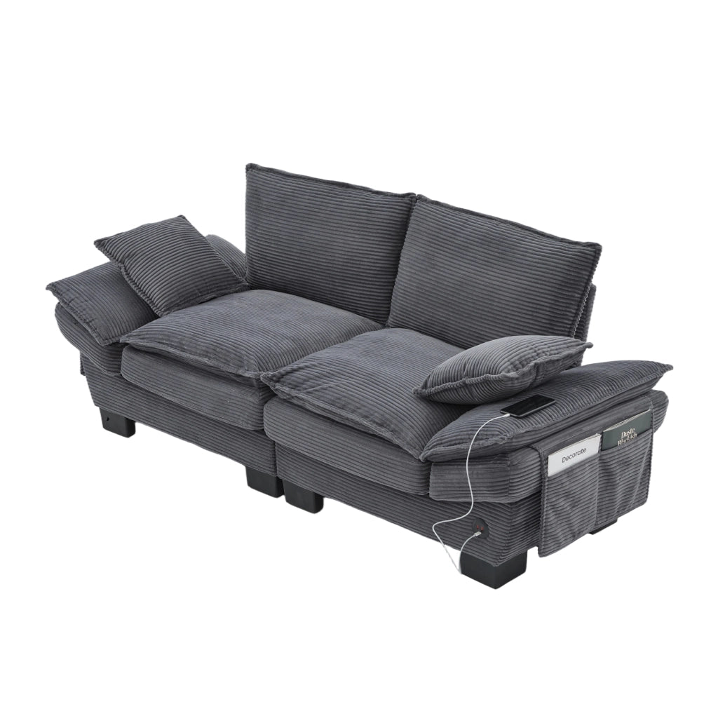 Divano 2 posti in tessuto corduroy con seduta ergonomica, porta USB-C e tasche laterali, grigio scuro