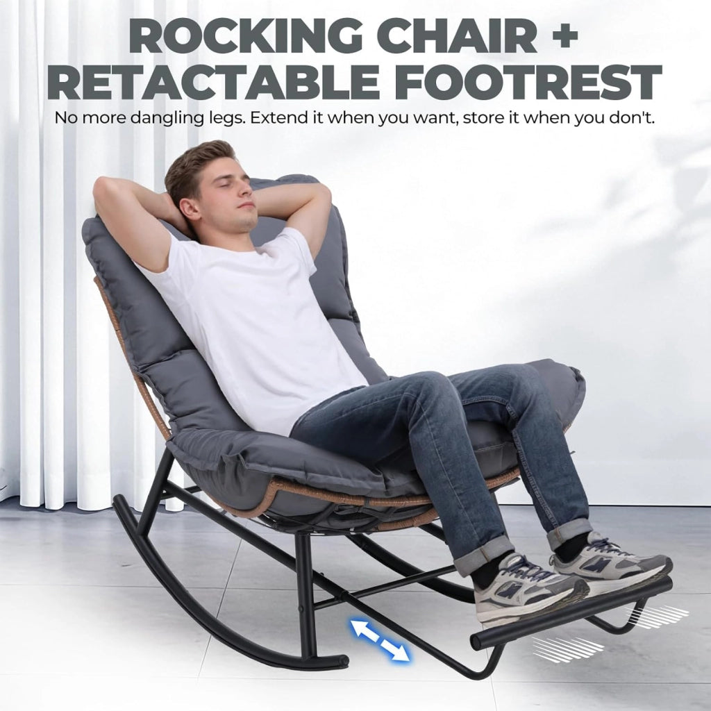 Sedia a dondolo, poltrona relax, struttura in acciaio, poggiapiedi estraibile, portata fino a 136 kg, per dormire, soggiorno, terrazza, giardino, grigio