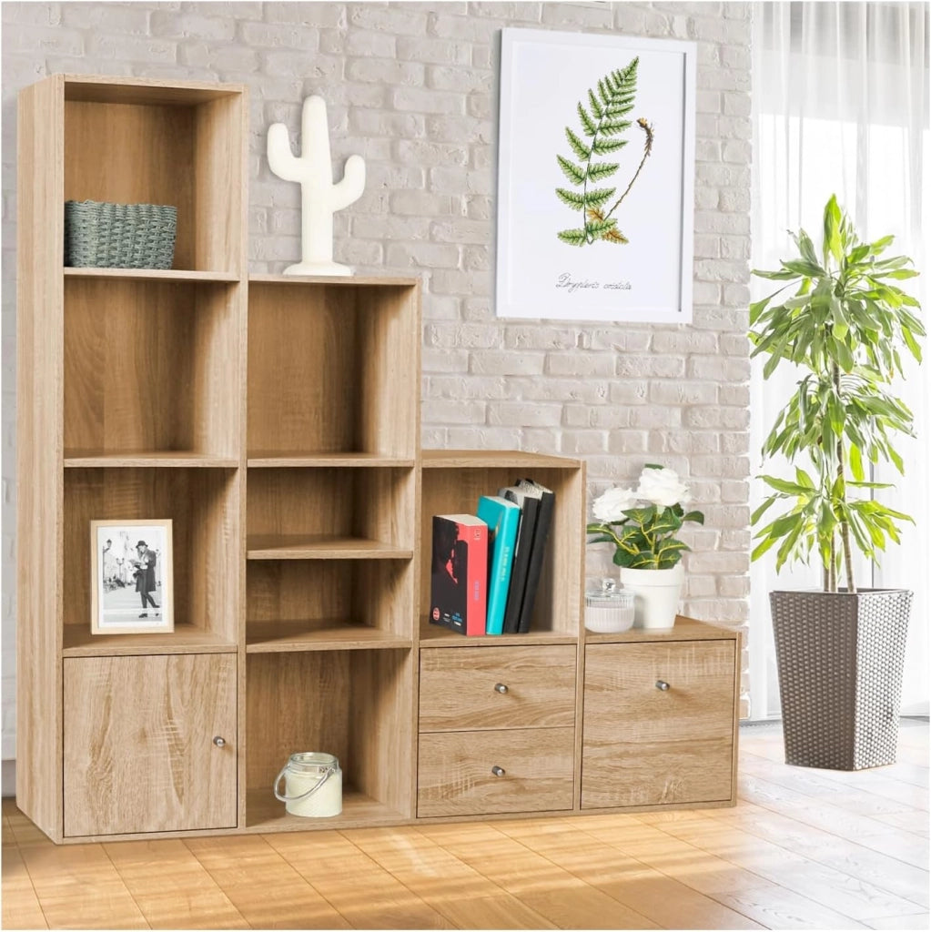 Libreria mobili a forma di scala a 4 livelli, look faggio con anta e cassetti LIAM