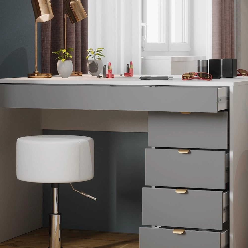Tavolo da toeletta Elise, Bianco/grigio/grigio, 115 cm con sgabello, con sgabello regolabile in altezza e girevole a 360°