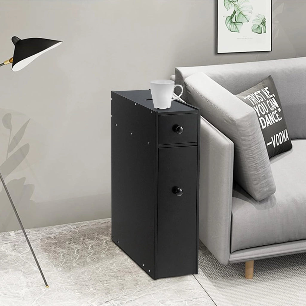 Armadio da bagno stretto, mobile con 2 cassetti, scaffale laterale, salvaspazio, colonna da bagno, armadio da pavimento, per cucina, ufficio, 48 x 16 x 58 cm (nero)