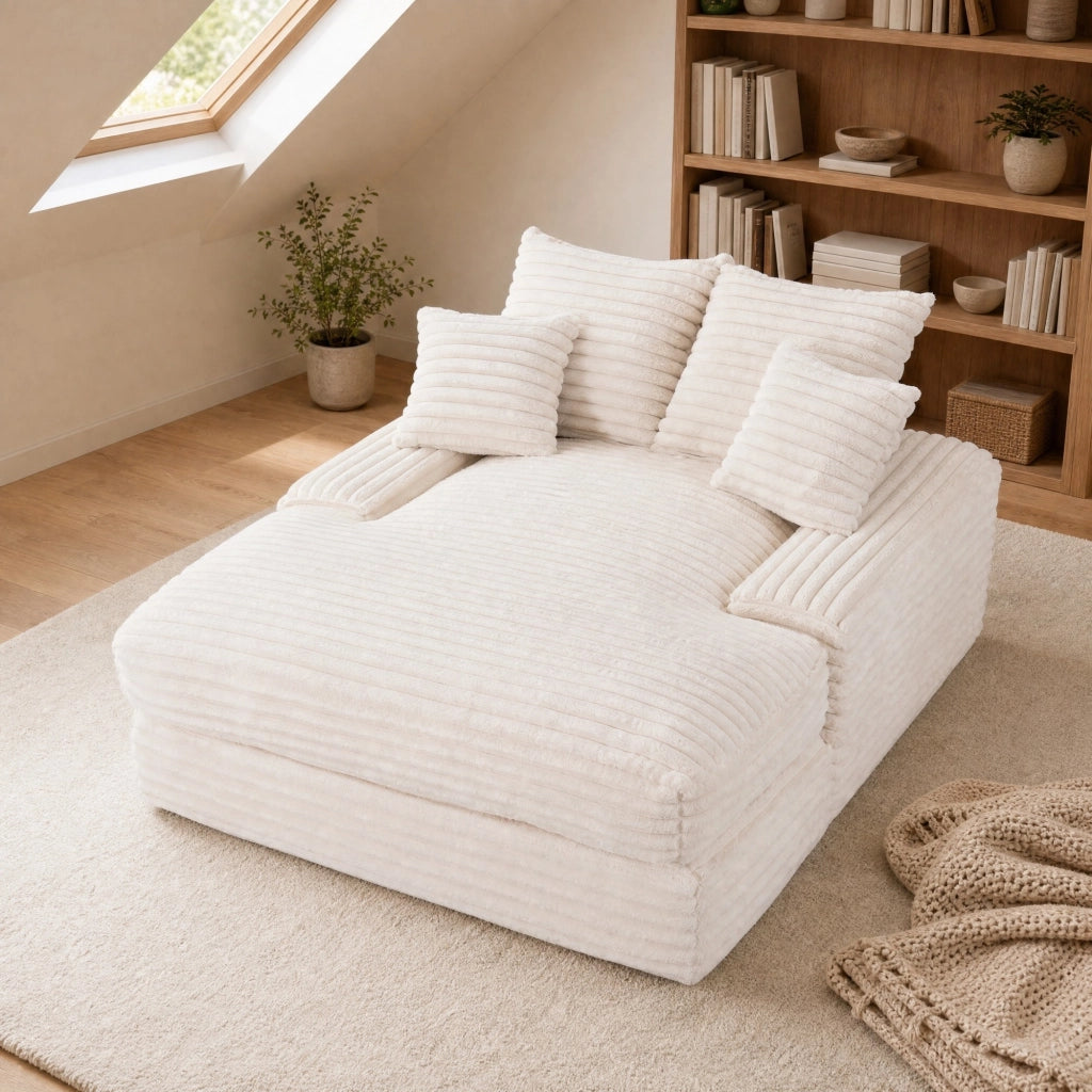 Méridienne in tessuto effetto corda con quattro cuscini rimovibili e supporto ergonomico beige 135 × 165 × 58 cm