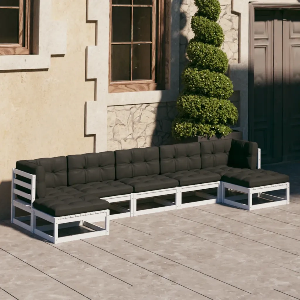 Set Salotto Giardino 7pz con Cuscini Bianco Legno Massello Pino 3077125