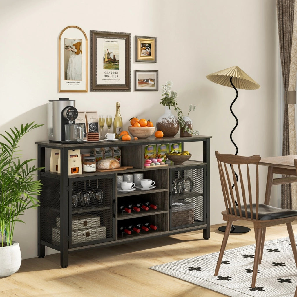 Credenza per vino da 140cm con portabottiglie per 8 bottiglie-Mobiletto per caff¨¨ con porte in rete metallica Grigio