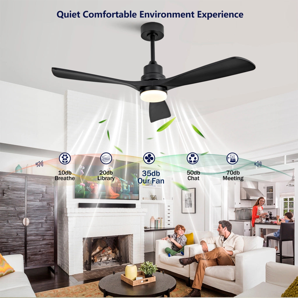 Ventilatore da soffitto in legno massello 52 pollici, 3 pale a spirale completamente nere, motore DC reversibile silenzioso, design moderno