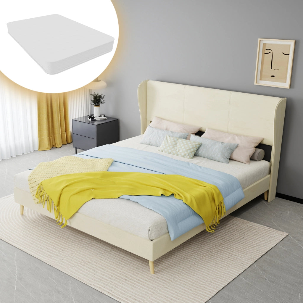 Letto matrimoniale imbottito 160x200 cm con testiera morbida; beige e struttura moderna