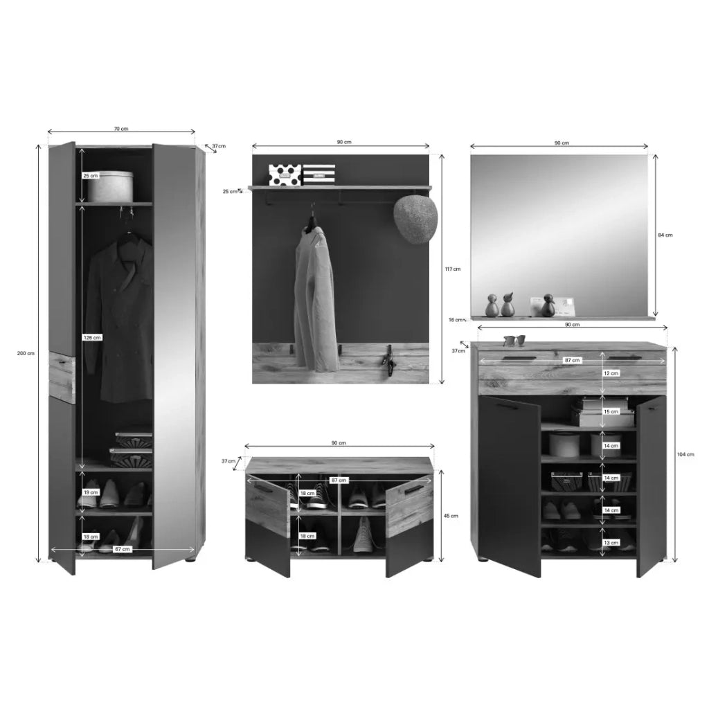 Set bagno: mobile sotto lavabo + mezza colonna + specchio – Grigio antracite e rovere chiaro – SELMA
