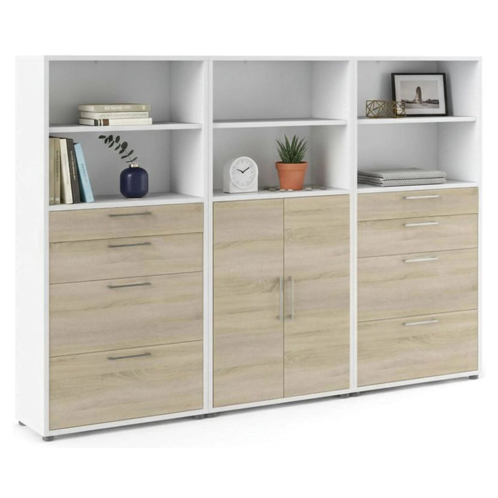 Credenza Vinovo, Buffet da soggiorno, Madia da salotto, Dispensa da cucina, 267x40 h186 cm, Bianco e Quercia