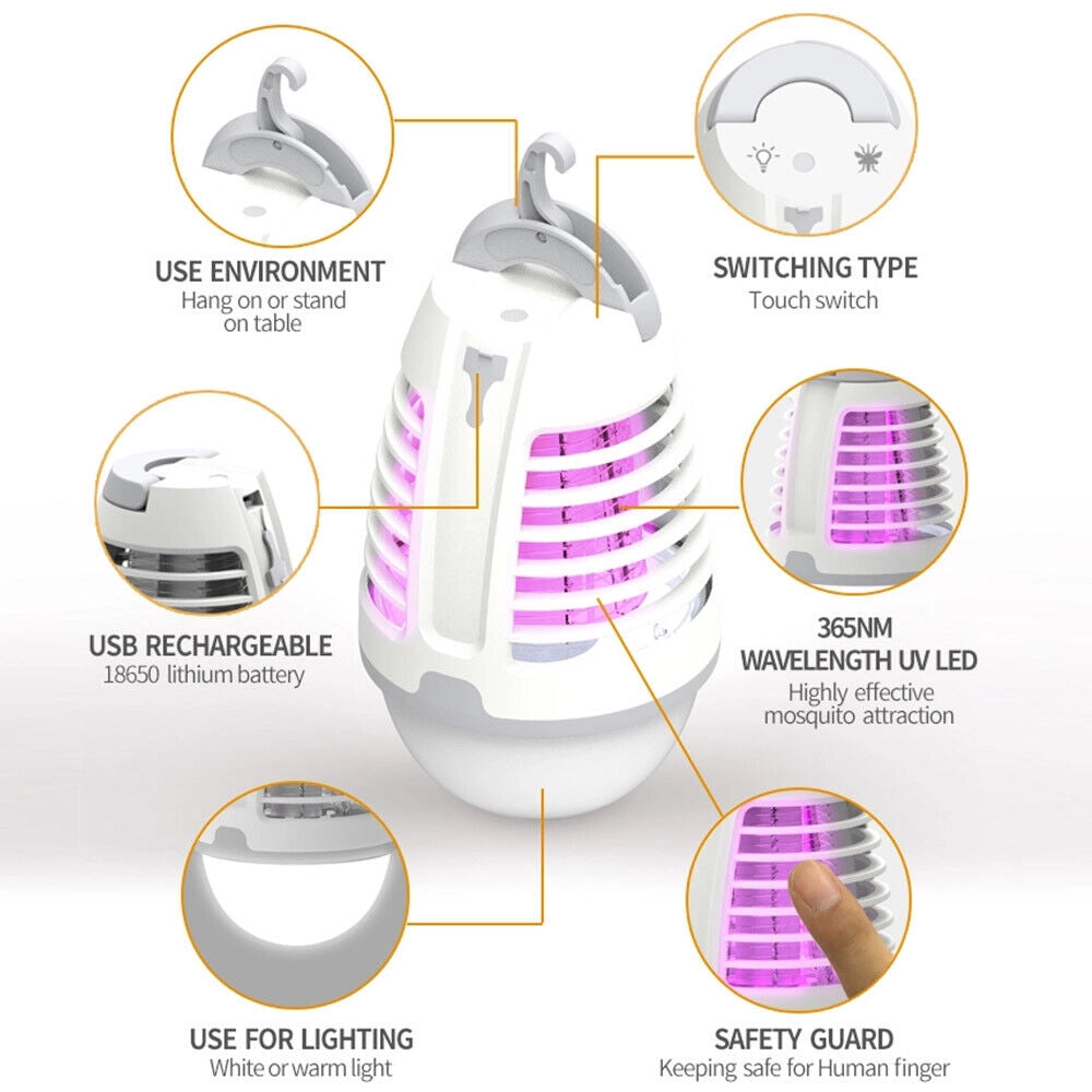Zanzariera Elettrica Torcia Lampad LED Campeggio Anti Zanzare Batteria Litio USB
